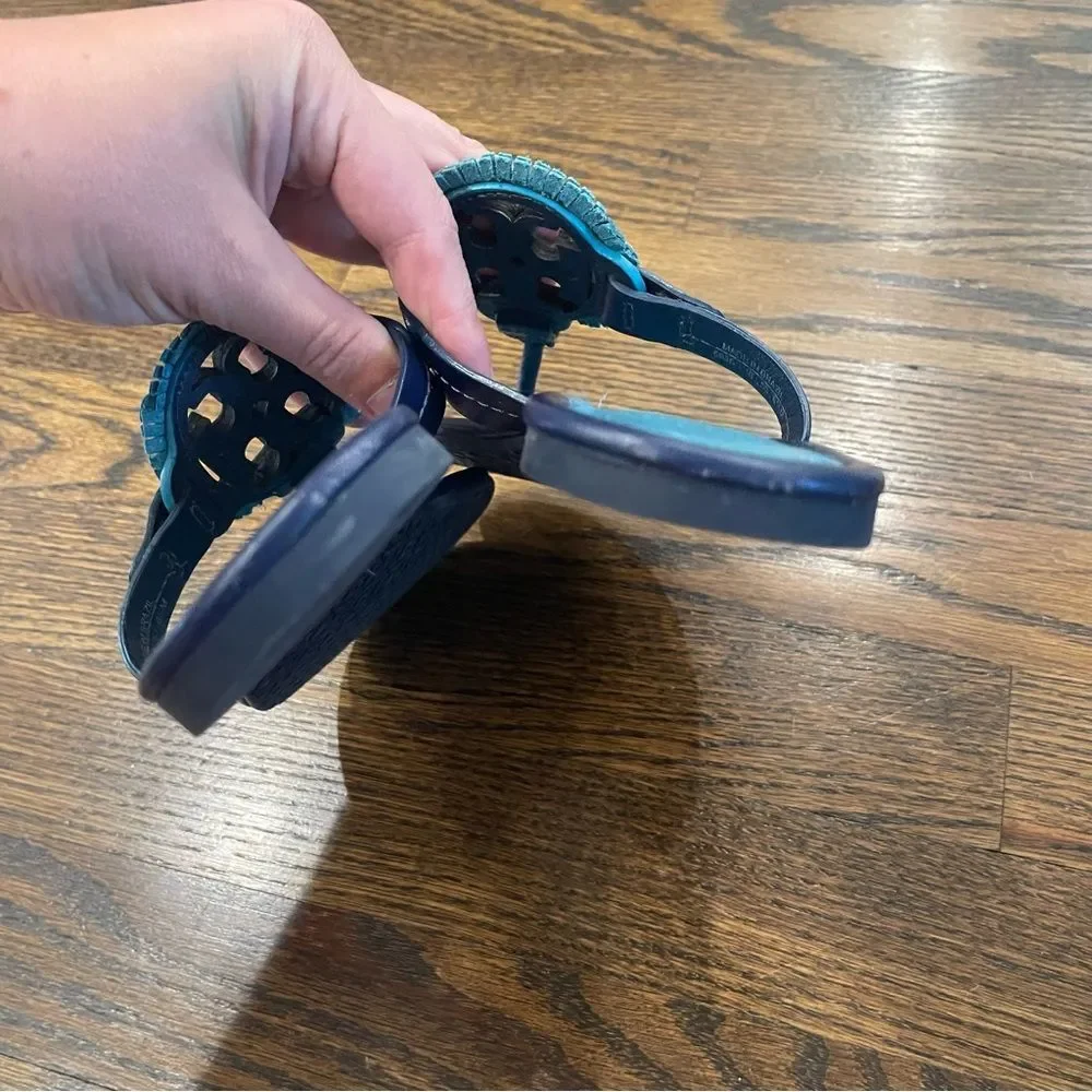 TORY BURCH Miller Fringe Blue Dual Tone Leather Logo Flip Flop Sandals